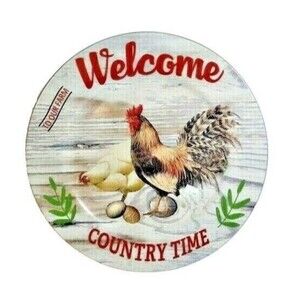 Welcome Country Time Charger Plate 13-in Rooster Hen Eggs Melamine Farmhouse NEW